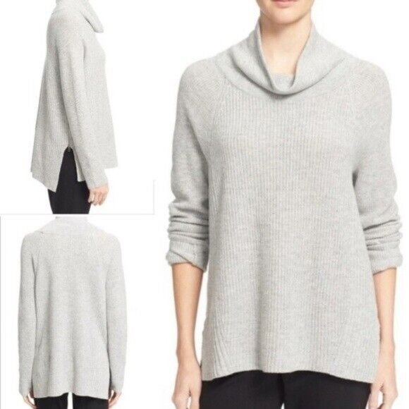 NWT Vince Cashmere Blend Ribbed Turtle Neck Side Zip Sweater Gray Size Small - Picture 2 of 5